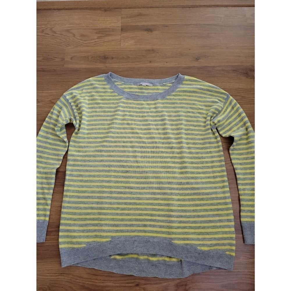 Gap Womens Small Striped Wool Blend Sweater Grey Yellow High Low Crew Neck